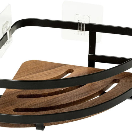 5Five Badkamer douche rekje organizer - 2x - zwart metaal/acacia hout - kleefstrip - 20 x 20 x 7 cm - hoek plaatsing
