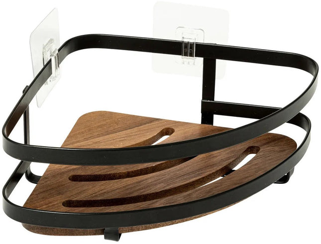 5Five Badkamer douche rekje organizer - 2x - zwart metaal/acacia hout - kleefstrip - 20 x 20 x 7 cm - hoek plaatsing