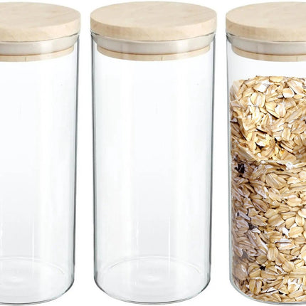 3x stuks voorraadbussen/voorraadpotten 1,3L glas met houten deksel - 1300 ml - Voorraadpotten met luchtdichte deksel
