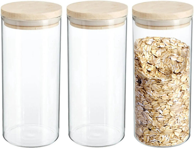 3x stuks voorraadbussen/voorraadpotten 1,3L glas met houten deksel - 1300 ml - Voorraadpotten met luchtdichte deksel