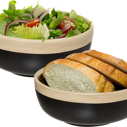 5Five - 2x - serveerschaal/saladeschaal - zwart - bamboe - 20 x 8 cm - rond