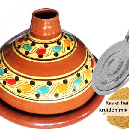 Marokkaanse authentieke aardewerk tajine 30 cm + Kruiden en vlamverdeler - cadeau pakket