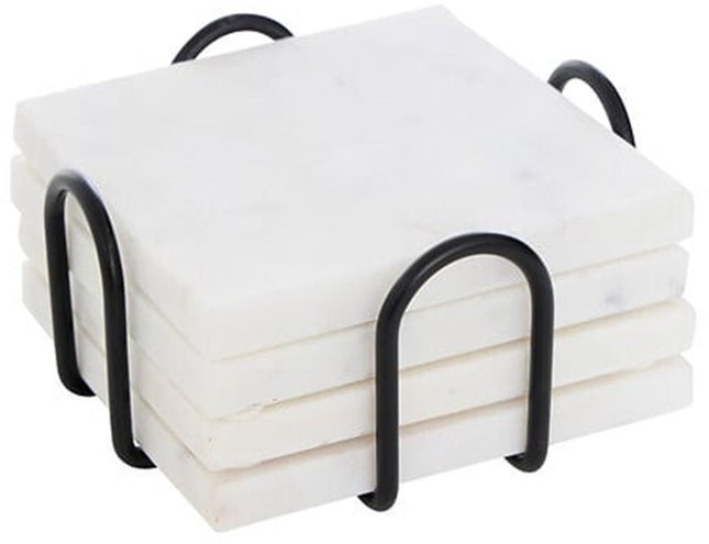 5Five Onderzetters voor glazen - marmer - 4x stuks - vierkant - steen - 10 x 10 cm - wit - in zwarte standaard van metaal