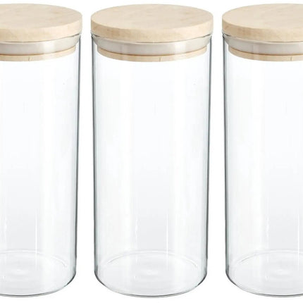 Secret de Gourmet Voorraadbus - 3x stuks - voorraadpot - 1300 ml - glas - met houten deksel - voedsel - keuken