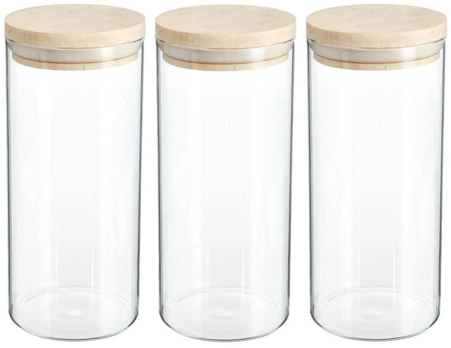 Secret de Gourmet Voorraadbus - 3x stuks - voorraadpot - 1300 ml - glas - met houten deksel - voedsel - keuken