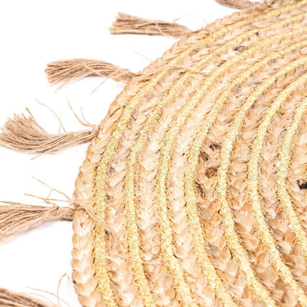 Jute Vloerkleed Naturel met Goud 80cm | Klein rond Vloerkleed | Vloerkleed Naturel/Goud met franjes