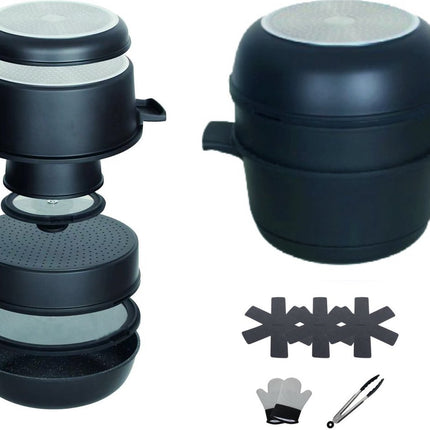 Hakal 12-delige Pannenset Stapelbare Pannenset – Space Saving Cookware Set | Inductiegeschikt | Inclusief accessoires