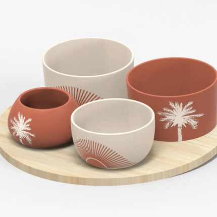 5Five Serveerplank acacia hout - met 4x luxe schaaltjes - D26 cm - tapas en saus schaaltjes - kleuren mix terra/wit - hapjes plateau