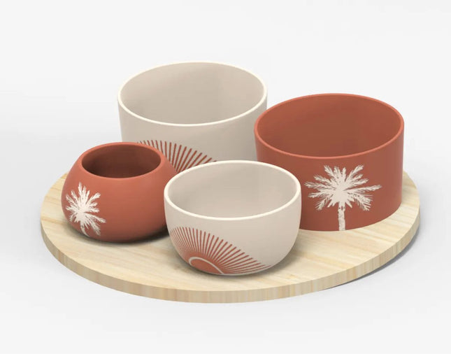 5Five Serveerplank acacia hout - met 4x luxe schaaltjes - D26 cm - tapas en saus schaaltjes - kleuren mix terra/wit - hapjes plateau