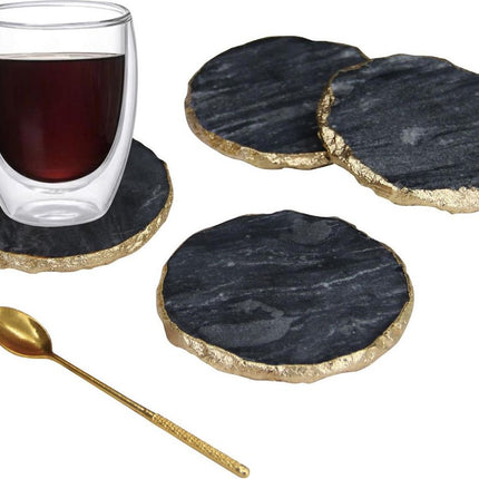 Marmer Onderzetters  4-delig - onderzetters voor glazen -  marmer onderlegger - luxe onderzetter(set) zwart/goud