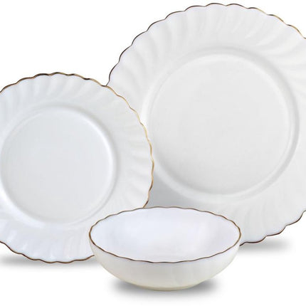 KINGHOFF Bordenset MARIGOLD - 18-delig - Wit met Gouden Rand - Opaal Glas - Dinerborden, Dessertborden & Soepkommen - Set voor 6 Personen