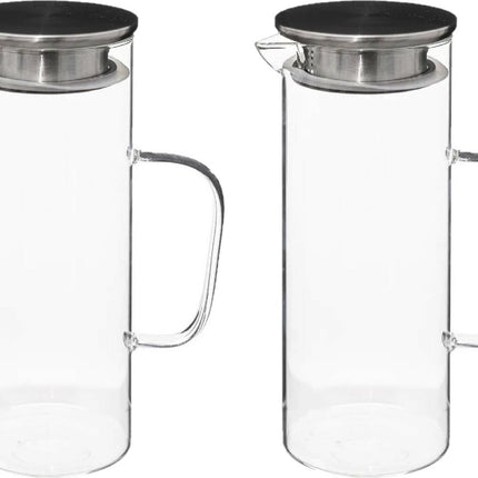 Secret de Gourmet Water Karaf/Schenkkan - 2x - rvs dop - glas - 1.1 Liter - D9 x H22 cm