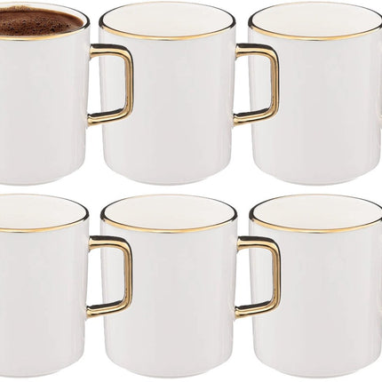 Secret de Gourmet Koffiemokken Athena - 6x stuks - Keramiek - wit/goud - 350 ml - 8 x 9 cm
