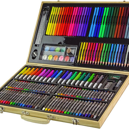 Houten Verfset 180 Delen - Kunstschilders Set voor Kinderen in Koffer - Tekenset met Stiften, Krijtjes en Verf - Creatief Cadeau voor Jongens en Meisjes - 180-delige set -