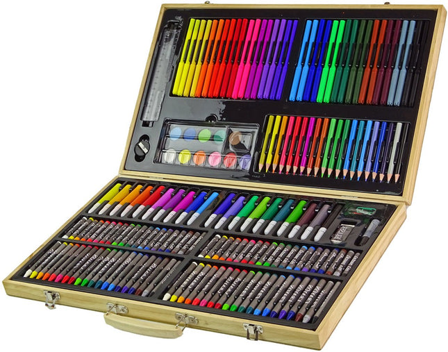 Houten Verfset 180 Delen - Kunstschilders Set voor Kinderen in Koffer - Tekenset met Stiften, Krijtjes en Verf - Creatief Cadeau voor Jongens en Meisjes - 180-delige set -