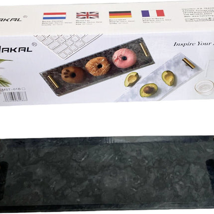 Marmeren dienblad met gouden hendels 40 x 14 cm zwart / wit-zwart