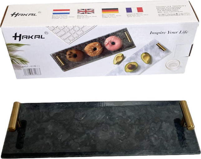 Marmeren dienblad met gouden hendels 40 x 14 cm zwart / wit-zwart