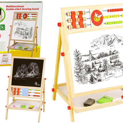 Dubbelzijdig Educatief Teken Bord 2in1 - Houten Tekenbord met Abacus, Klok en Alfabet - Wit Schoolbord en Zwart Whiteboard - Met Opbergplank