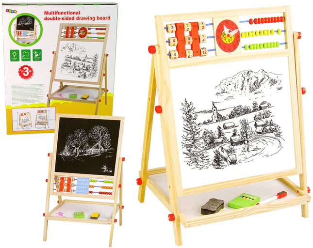 Dubbelzijdig Educatief Teken Bord 2in1 - Houten Tekenbord met Abacus, Klok en Alfabet - Wit Schoolbord en Zwart Whiteboard - Met Opbergplank