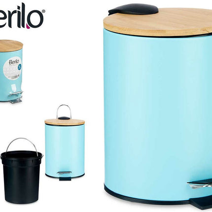 Berilo Prullenbak/pedaalemmer - turquoise blauw - 3 liter - metaal/bamboe - 17 x 23,5 cm