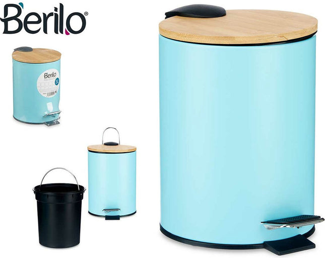Berilo Prullenbak/pedaalemmer - turquoise blauw - 3 liter - metaal/bamboe - 17 x 23,5 cm