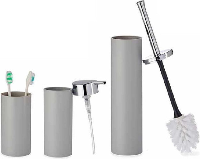 Badkamer set toiletborstel + zeeppompje + beker grijs van kunststof