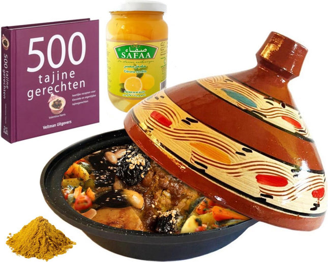 Complete tajine cadeau pakket. - kookboek - kruiden - ingelegde citroenen