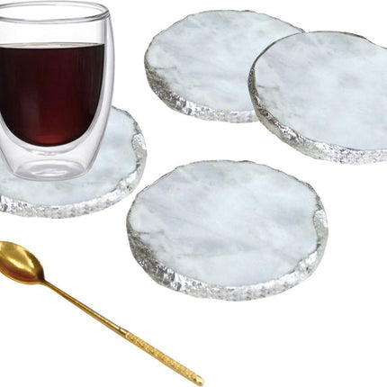 Marmer Onderzetters 4-delig - onderzetters voor glazen - marmer onderlegger - luxe onderzetter(set) wit - zilver