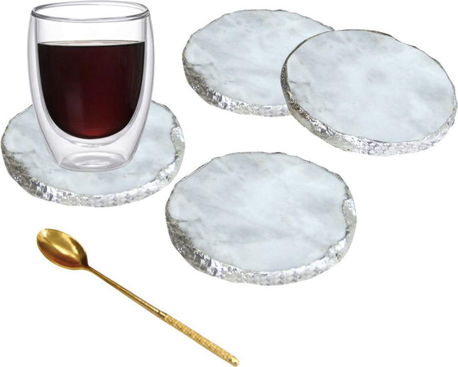 Marmer Onderzetters 4-delig - onderzetters voor glazen - marmer onderlegger - luxe onderzetter(set) wit - zilver