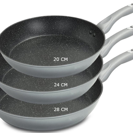 Royalty Line® FM3 Pannenset Inductie - 3 Delig Koekenpannenset Ø 20/24/28 cm - Koekenpan Voor Alle Warmtebronnen - Pannen Met Antiaanbaklaag - Zilver