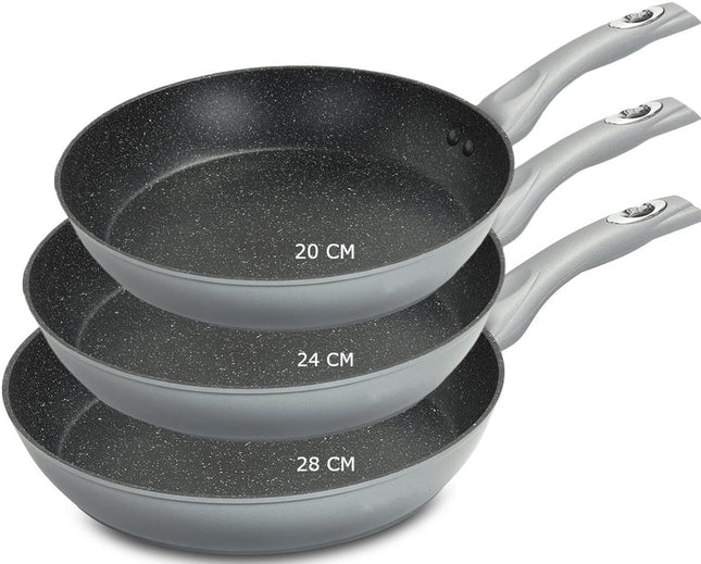 Royalty Line® FM3 Pannenset Inductie - 3 Delig Koekenpannenset Ø 20/24/28 cm - Koekenpan Voor Alle Warmtebronnen - Pannen Met Antiaanbaklaag - Zilver