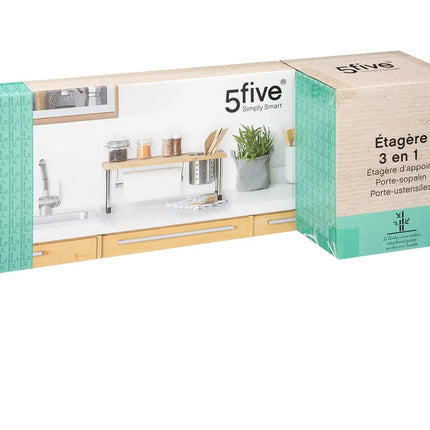 5Five keukenrek/aanrecht organizer met keukenrolhouder/keukengerei houder - 56 x 20 x 21 cm - bamboe hout/rvs