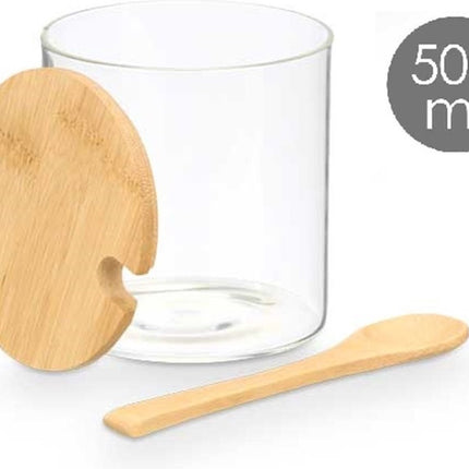 Vivalto Suikerpot Bamboo - glas/bamboe hout - transparant - 12 cm - dispenser met lepel - luxe uitvoering