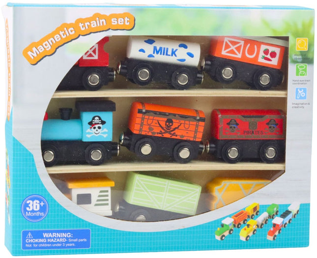 Houten Trein Speelgoed Magnetisch - 3 Locomotieven + 6 Wagens met Opbergdoos - Compatibel met Houten Spoor