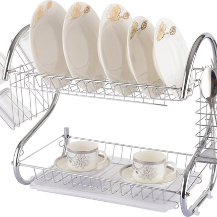 Luxe Metalen Afdruiprek Met Lekbak | Afwas Druiprek | Vaatwasser Rek Met Bestekmand | RVS | 2 Etages | Verchroomd
