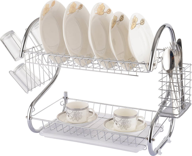 Luxe Metalen Afdruiprek Met Lekbak | Afwas Druiprek | Vaatwasser Rek Met Bestekmand | RVS | 2 Etages | Verchroomd