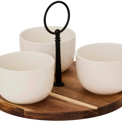 5Five Serveerplank acacia hout - met 3x luxe schaaltjes - D20 cm - tapas en saus schaaltjes - kleuren mix wit - hapjes plateau