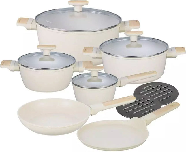 Klausberg 7833 - 12-delige Marmeren Pannenset in Beige - Compleet en Functioneel Kookgerei met Glazen Deksels