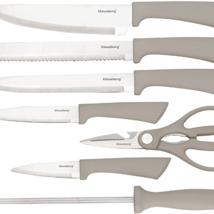 Klausberg KB-7984 8 Delig Messenset - Messenblok met Acacia Hout - Roestvrij Staal Inclusief Slijpstaaf - Broodmes - Koksmes - Vleesmes -
