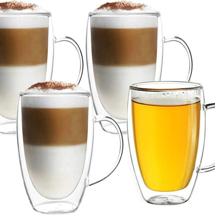 Dubbelwandige glazen met oortje - set van 4 x 350 ml - Dubbelwandige Theeglazen - Glazen voor thee, koffie en cappuccino