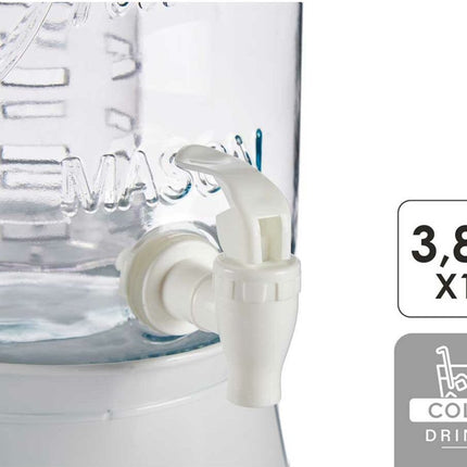 Glazen drankdispenser/limonadetap met witte kleur dop/tap 3.8 liter - Tapkraantje - 21 x 38 cm