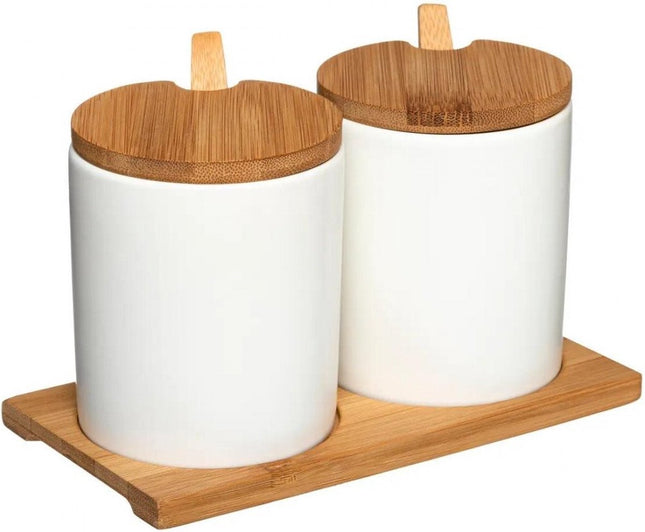 Kruidenpotjes met lepel - met Bamboe deksel en onderstel
