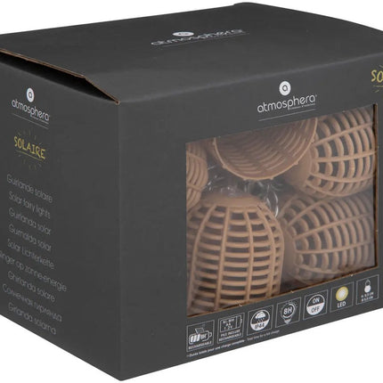 Atmosphera Solar tuin lantaarns lichtsnoer - naturel - rotan kunststof - 335 cm - buiten - Led licht