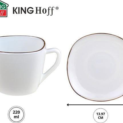 KingHoff Vierkante Kop en Schotel Set 12-delig - Wit Opaalglazen Koffiekopjes met Gouden Rand - 220 ml - Modern Design - Koffieset Schotelset