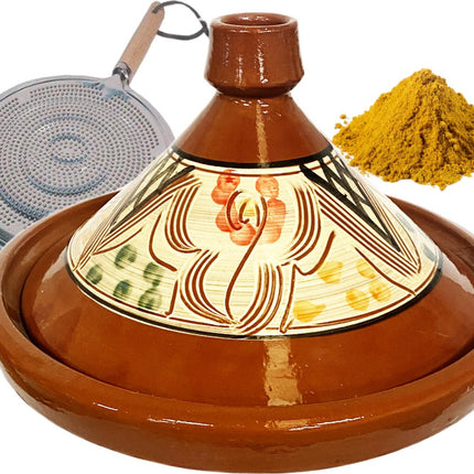 Marokkaanse aardewerk authentieke tajine 35 cm + Kruiden en vlamverdeler