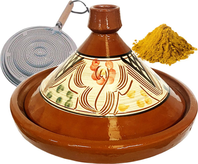 Marokkaanse aardewerk authentieke tajine 35 cm + Kruiden en vlamverdeler