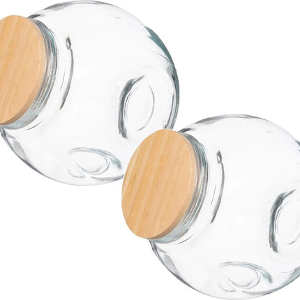 5Five Snoeppot/voorraadpot - 2x stuks - 1,5L - glas - met houten deksel - Voorraadpotten met luchtdichte sluiting
