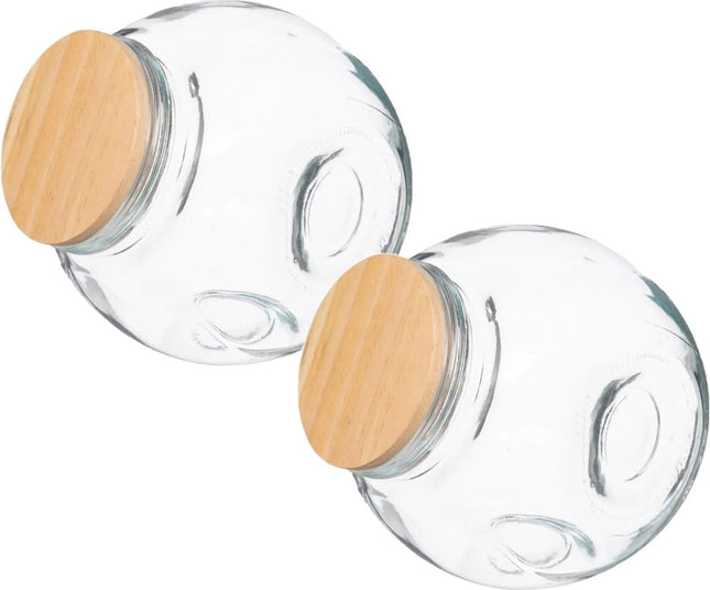 5Five Snoeppot/voorraadpot - 2x stuks - 1,5L - glas - met houten deksel - Voorraadpotten met luchtdichte sluiting