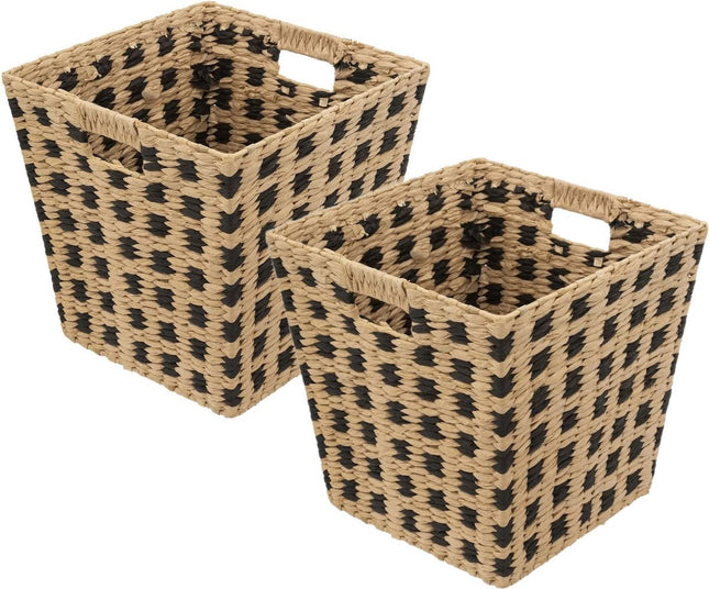 Gevlochten rieten opbergmand - 2x - vierkant - beige/zwart - 31x31x31 cm - Kast-/badkamer mandjes