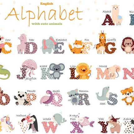 Wandsticker Engels Alfabet - Educatieve Letters voor Kinderkamer - 65x100 cm - Zelfklevende ABC Sticker voor Scholen en Kinderdagverblijven - Dieren woorden - Alfabet leren - Educatief
